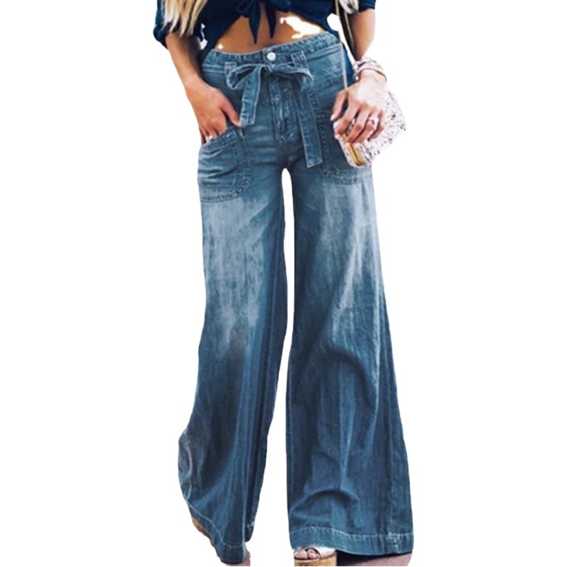 2024 Cross-Border Large Size European and American Clothing Washed Denim Drape Trousers Women's High Waist Slim Wide Leg Pants Trendy Brand