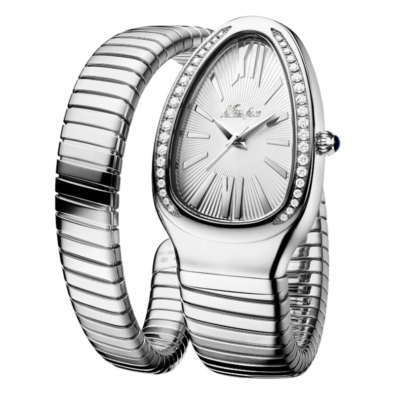 Missfox Watch Decorative Metal Women's Fashionable Stylish Snake Head Bracelet Stainless Steel Diamond Snake Watch for Women