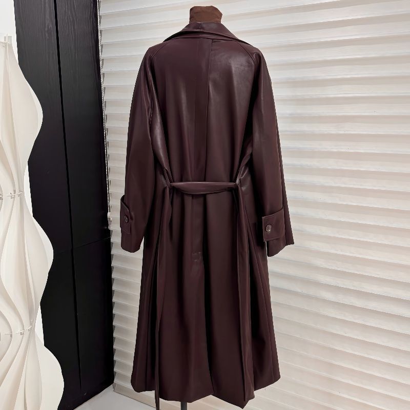 Picture of 2025 New Autum Style French Style Large Lapel Mid-Length Leather Outwear Women's Waist-Length Over-The-Knee Windbreaker Outwear