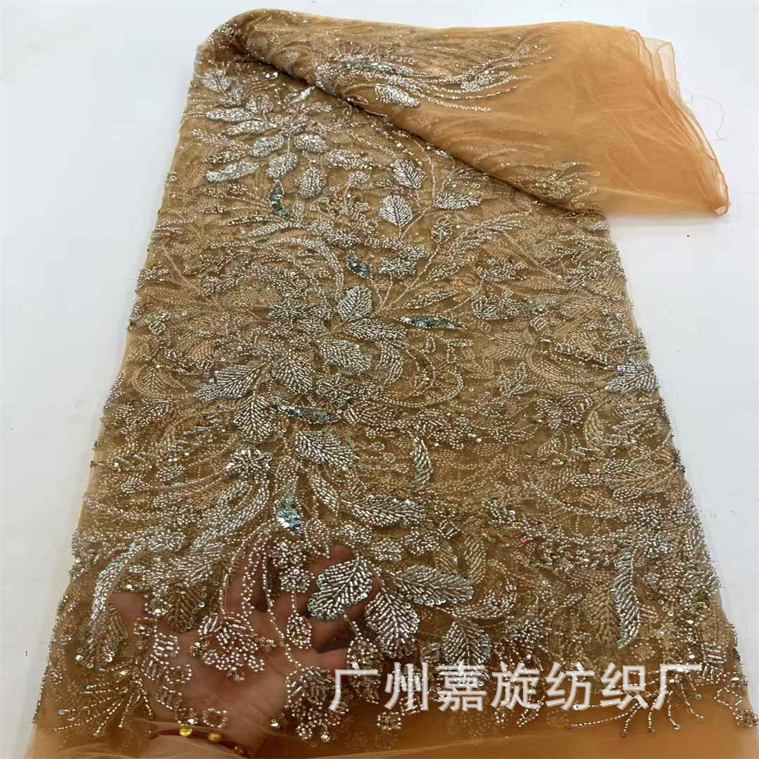 Ethnic Style Double Bead Gold Thread Lace Mesh Fabric Heavy Beaded Sequin Embroider Wedding Dress Lace Embroidered Cloth