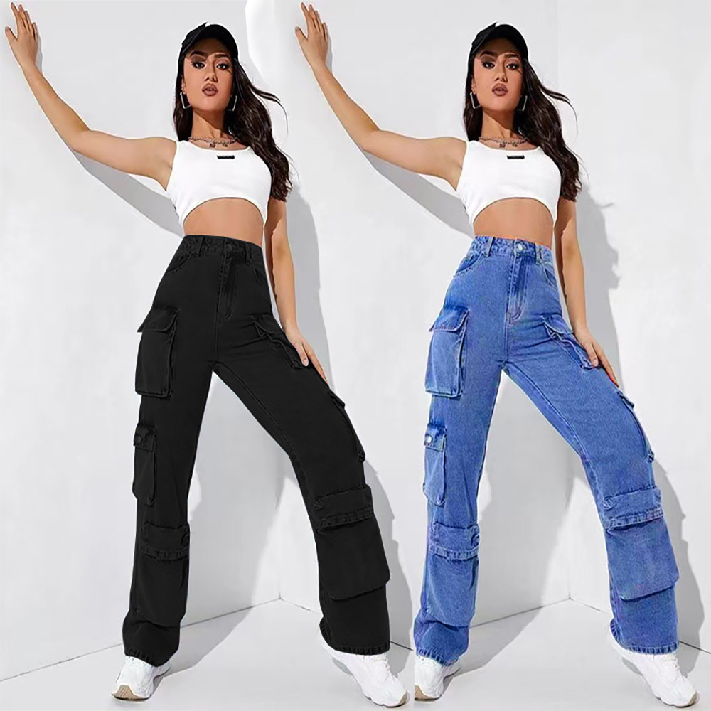 European and American women's clothing Amazon fashion hot fashion multi-pocket overalls high elastic African plus size jeans