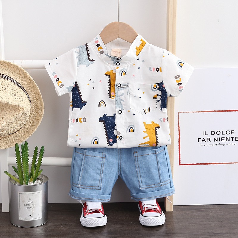 2023 new Korean version of the baby suit niche design sense printed shirt short sleeve shorts suit tide factory wholesale