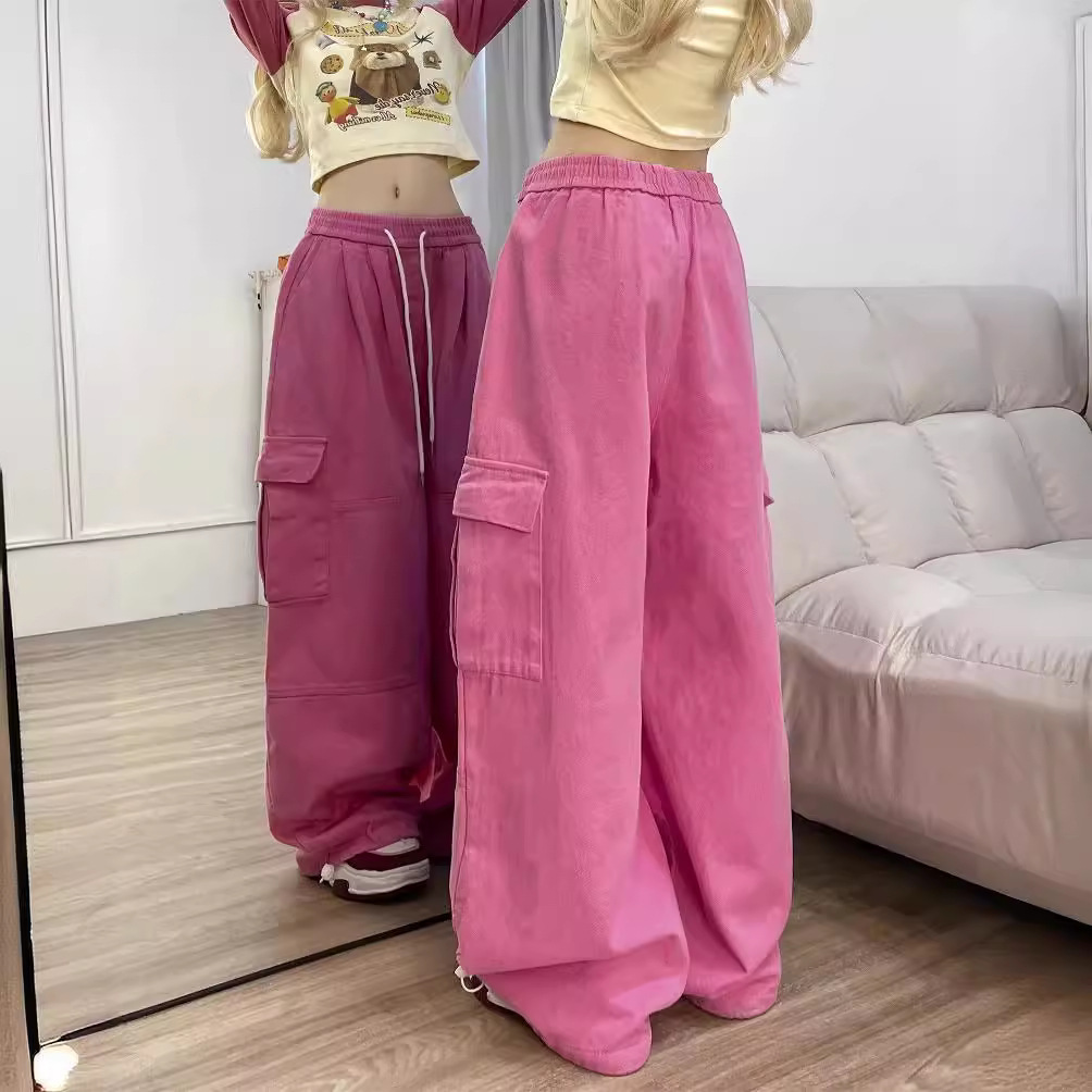American Style Retro Pink Crowd Pants Girl's Autumn Straight Tube Loose Wide Leg High Waist Slimming Casual Trendy Denim Pants