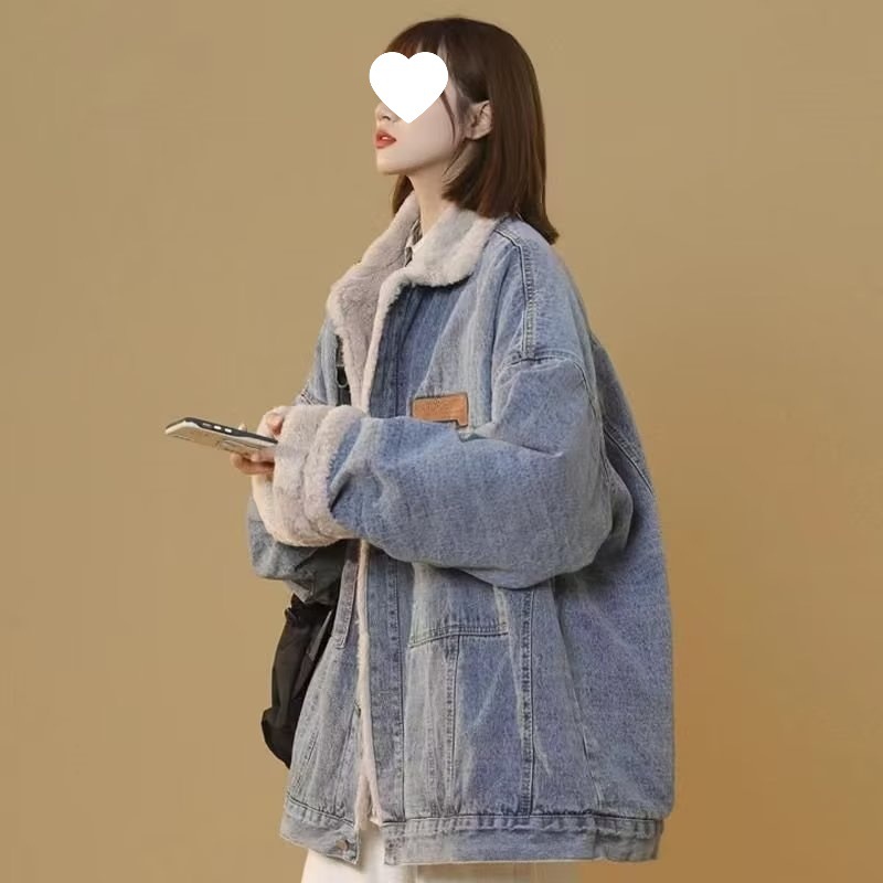 Hong Kong-style Denim cotton-padded jacket coat female lamb wool winter 2024 new cotton-padded fleece-lined padded loose warm cotton-padded jacket
