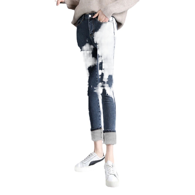 Velvet Jeans Women's New High-Waist Elastic Tight-Fitting Pants Thickeneded Slimming Look Versatile Pencil Nine-Point Pants Winter
