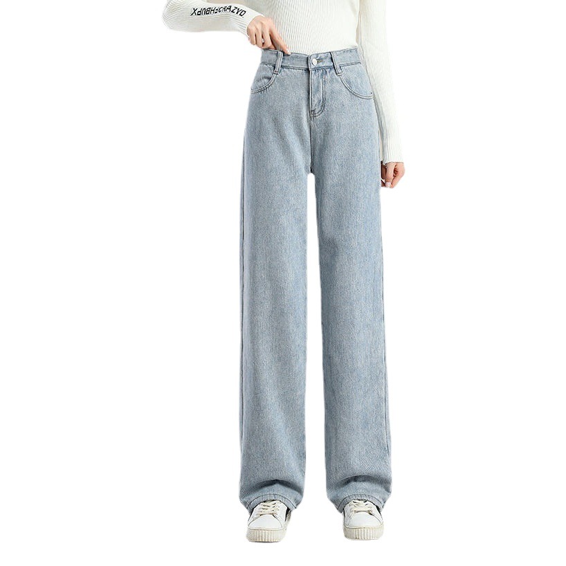 Warm High Waist Slimming Wide Leg Jeans Women's Loose Autumn and Winter New Velvet-Lined Thickened Straight Dumping Pants
