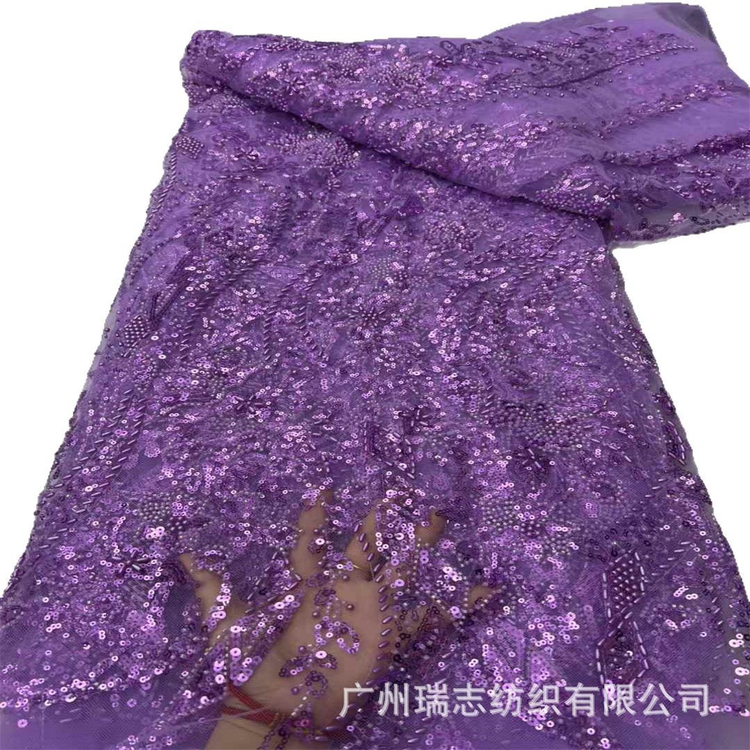 Picture of Purple heavy industry sequined embroidered plant pattern three-dimensional lace dress wedding dress cheongsam fabric lace