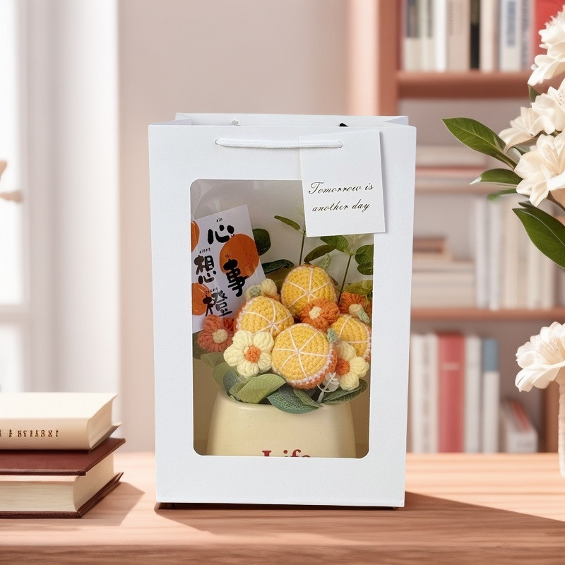 Picture of Creative bouquet knitted flowers diy material hand-woven potted finished desktop ornaments send goddess send mother
