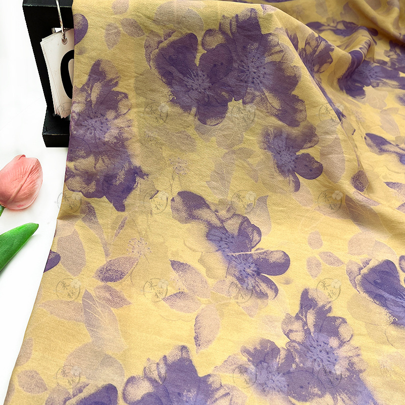 Purple flower gold digital printed fabric, brocade cotton fabric, new Chinese style cheongsam dress, top, Hanfu fabric