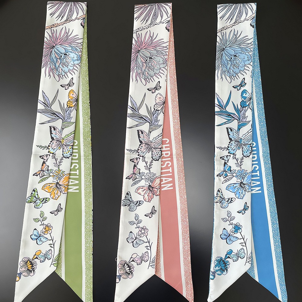 2024 New Arrival Butterfly Printed Ribbon Women's French Style Retro Long Silk Scarf Women's Twill Decorative Hair Tie Bag Ribbon