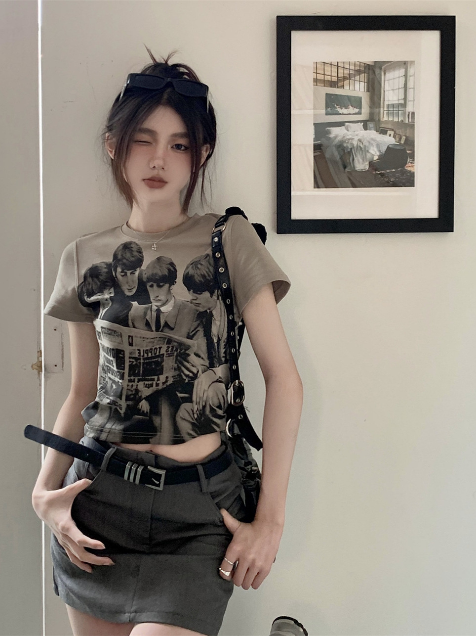 ReTro PrinTed Sexy ShorT Top for Women Summer New Slim FiT Round Neck Pullover Small ShorT-sleeved T-shirT