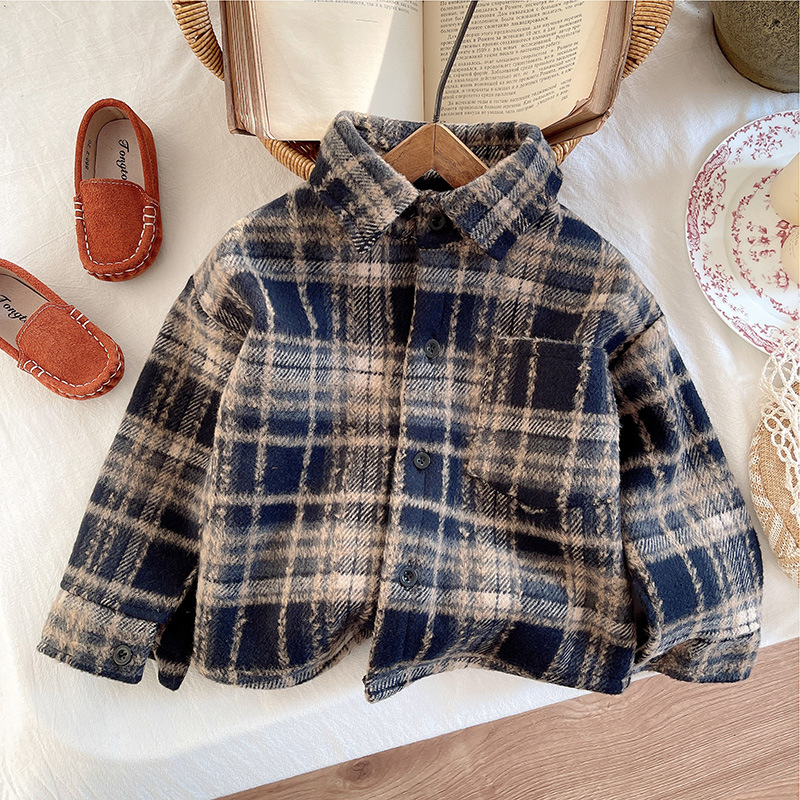 Autumn and Winter New Children's American Style Retro Sanding Plaid Shirt fleece-lined Pouch Shirt fleece-lined Jacket for Boys and Girls