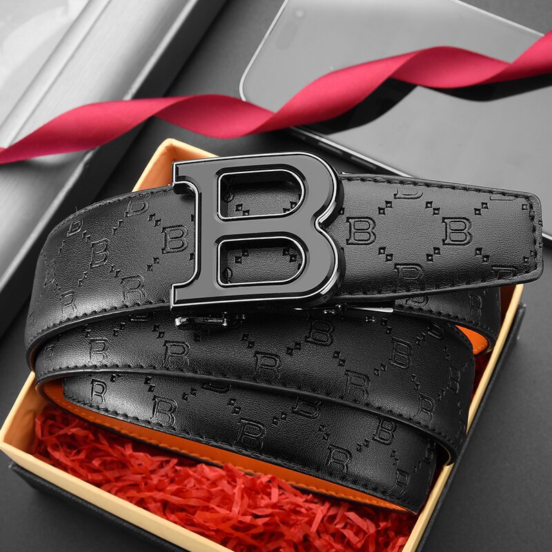New letter buckle belt men's high-end feeling belt men's imitation leather alloy automatic buckle belt manufacturers wholesale cross-border