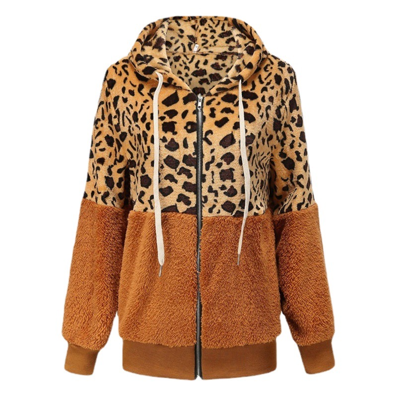 Cross-Border Foreign Trade Amazon Popular European and American Clothing Leopard Print Splicing Short Sweatshirt Fleece Sweater Women's Autumn and Winter Women's Jacket