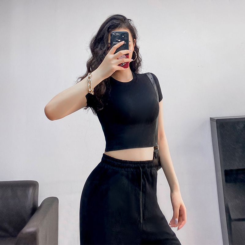 Picture of Hot girl sexy tight chest slimming round neck short sleeve t-shirt women's summer slim fit ins short navel bottoming solid color top fashion