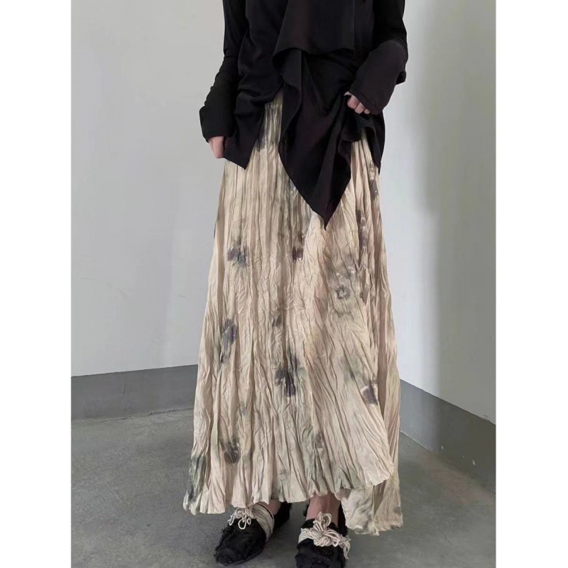 Korean Style Color Gradient Printed Skirt Women's French Style Oil Painting Elapsed Waist Design Sense Artistic High Waist Long Skirt for Summer