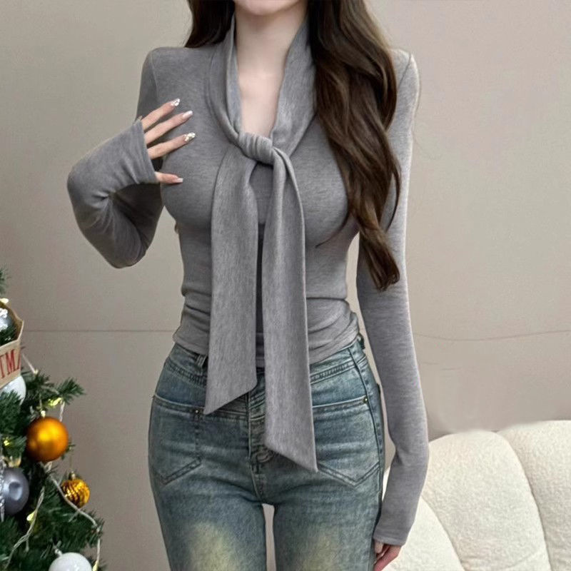 French High-grade Grey Velvet Base Shirt Women's Autumn and Winter Inner Slim-fit Slimming Elegant Long-sleeved T-shirt Chic Top