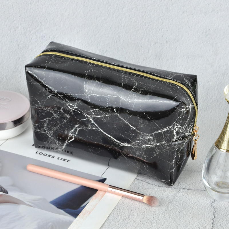 Picture of Black and white stone pattern glossy PU leather square clutch high-end simple waterproof portable travel makeup storage bag