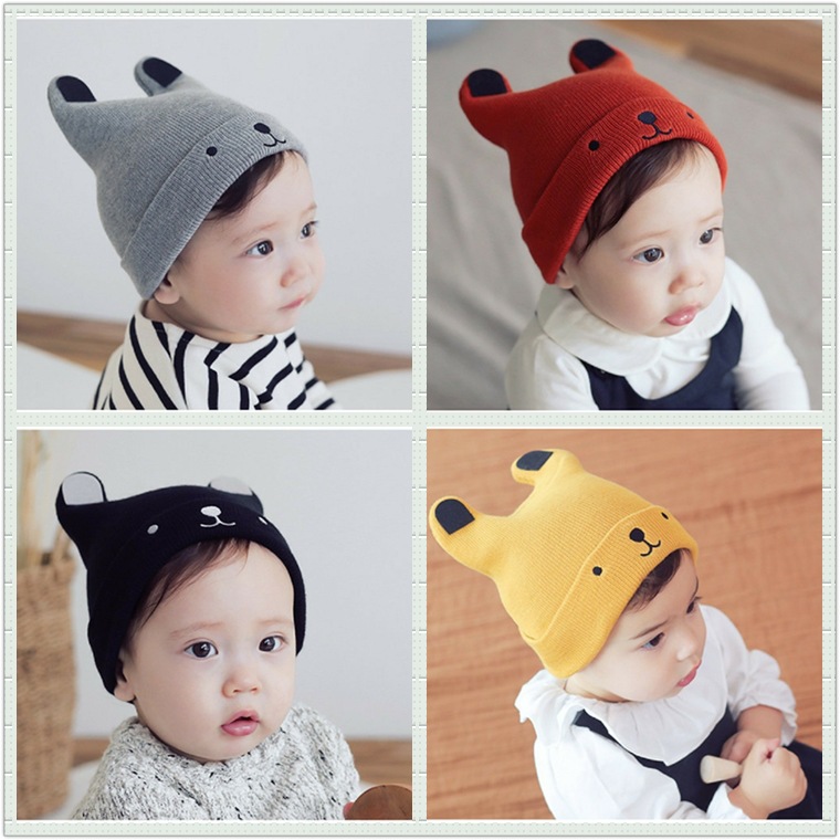 Korean autumn and winter new children's hat baby knitted wool hat cute cartoon bear embroidery warm pullover