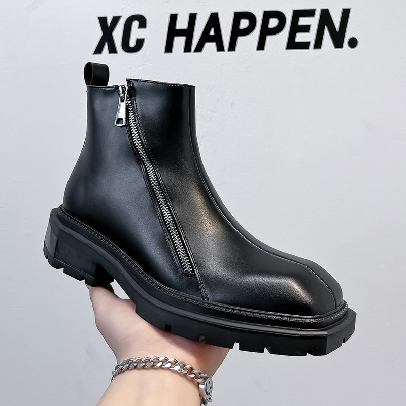 Korean Style Square Head Chelsea Boots Men's British Style Retro Zipper Thick Bottom Martin Boots High Top Leather Shoes 4512-A