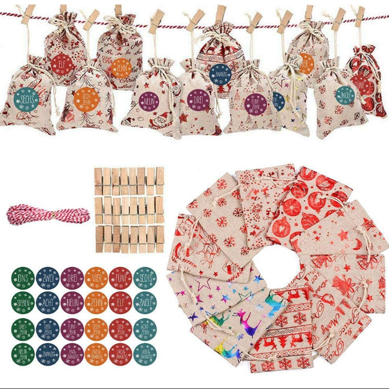 Bronzing Christmas Set 1-24 Countdown Drawstring Cotton Cloth Bundle Pocket Gift Storage Bag Candy Decoration Hanging Bag