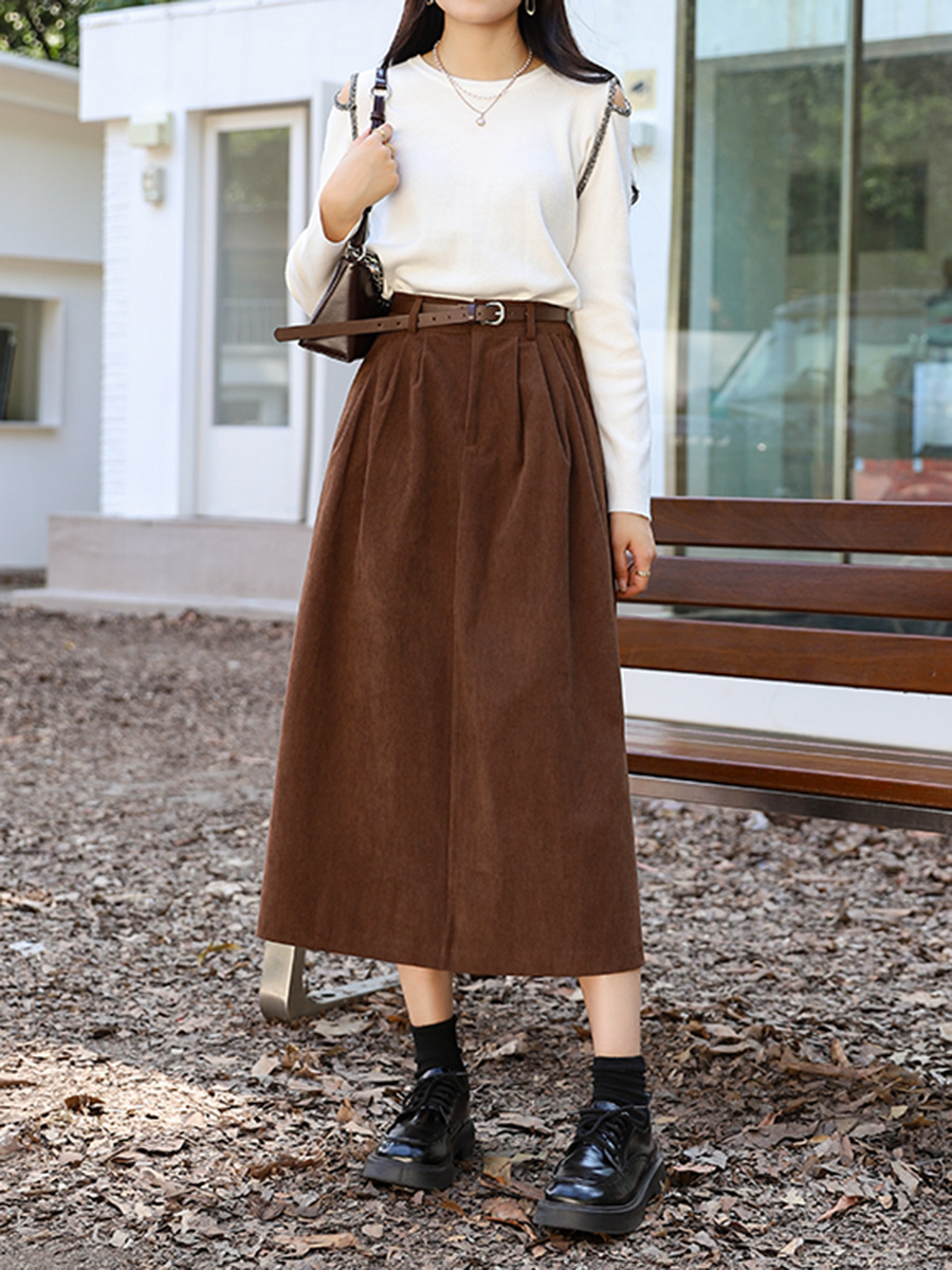 Picture of Maillard Retro Corduroy Skirt for Women, Autumn and Winter Khaki Casual Style with Belt, Mid-Length Pleated A-Line Skirt