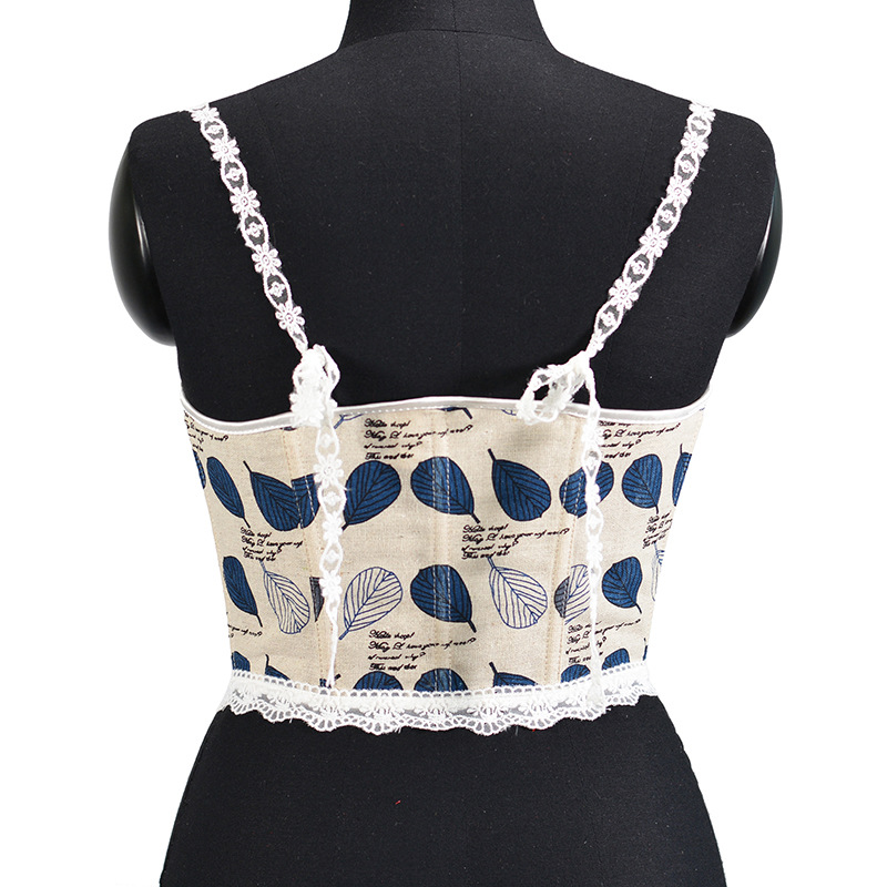 Picture of 21227 French Strap Corset Blue Ba Leaf Printed Lace Stacked Vest Women's Top