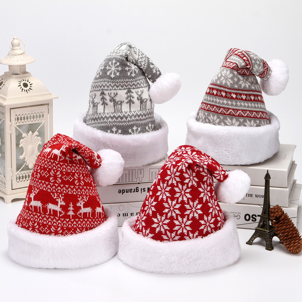 2024 Cross-Border New Rm328 Snowflake Deer Knitted Wool Velvet Christmas Hat Adult Winter Hat Decoration