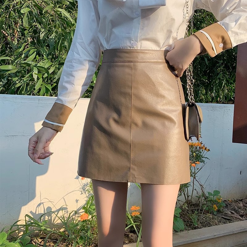 A- word black small leather skirt skirt women's spring and autumn high waist small pu skirt temperament socialite hip skirt