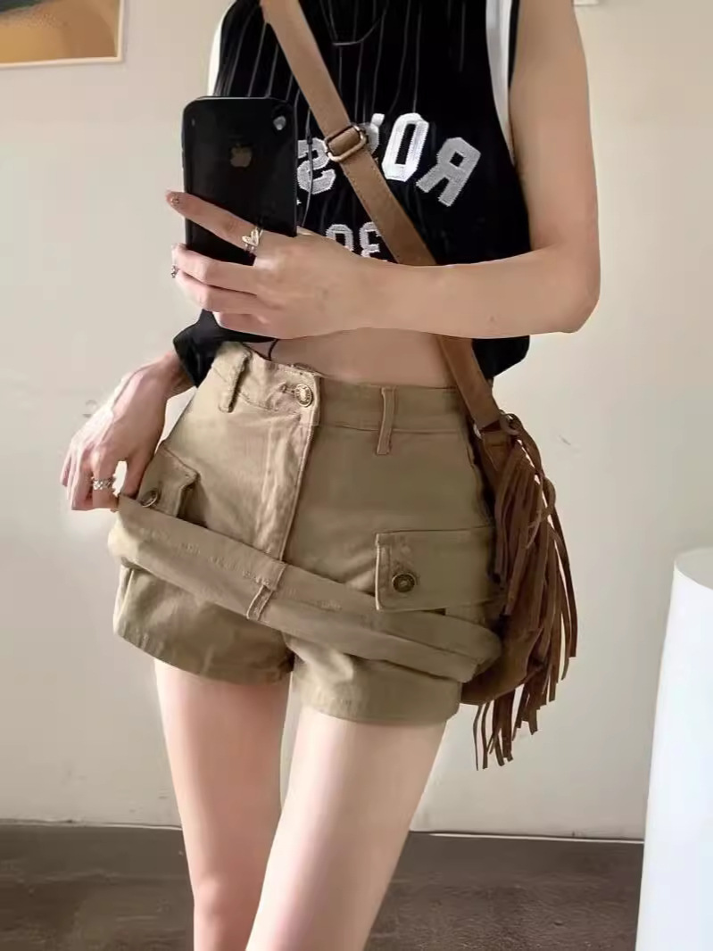 2024 New Spice Girls khaki A- shaped Workwear Skirt Women's Summer Denim Skirt Sexy Hip Skirt Pocket Skirt