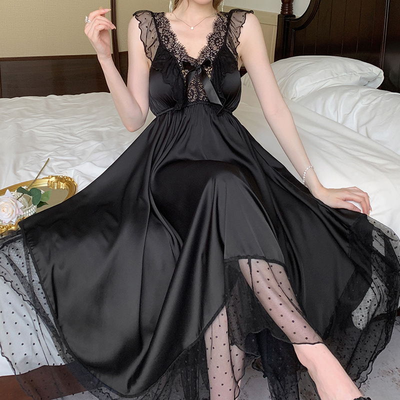 Picture of Sexy Lace Ice Silk Nightgown Women's Summer Backless Sling V-neck High-end Internet-style Pajamas Pure Desire Nightgown