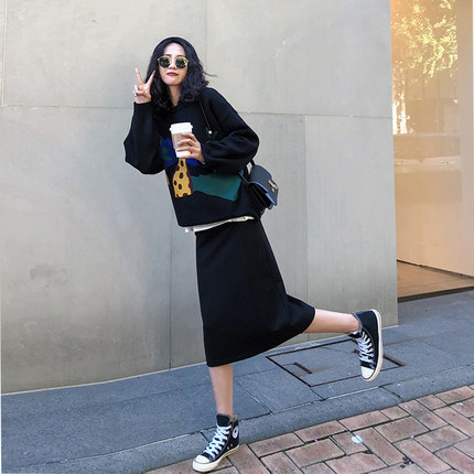Picture of Black Skirt Women's Spring and Autumn Slimming Split Mid-length Large Size Chubby Girl High Waist A- Line Step Skirt Summer Fashion