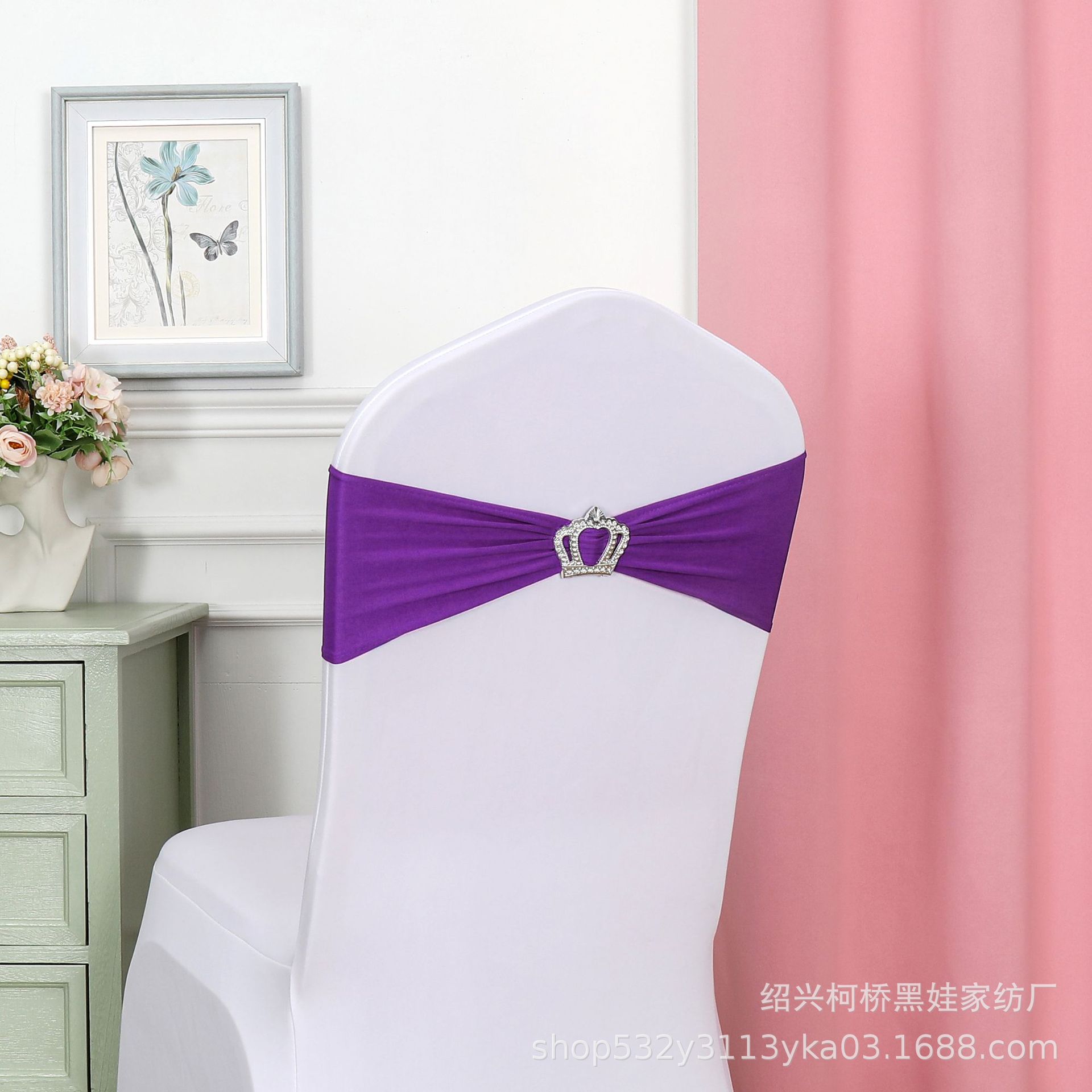 Picture of Chair Back Flower Bow Crown Diamond Buckle Elastic Banquet Chair Set Decoration Free Wedding Strap Ribbon Wedding Ribbon