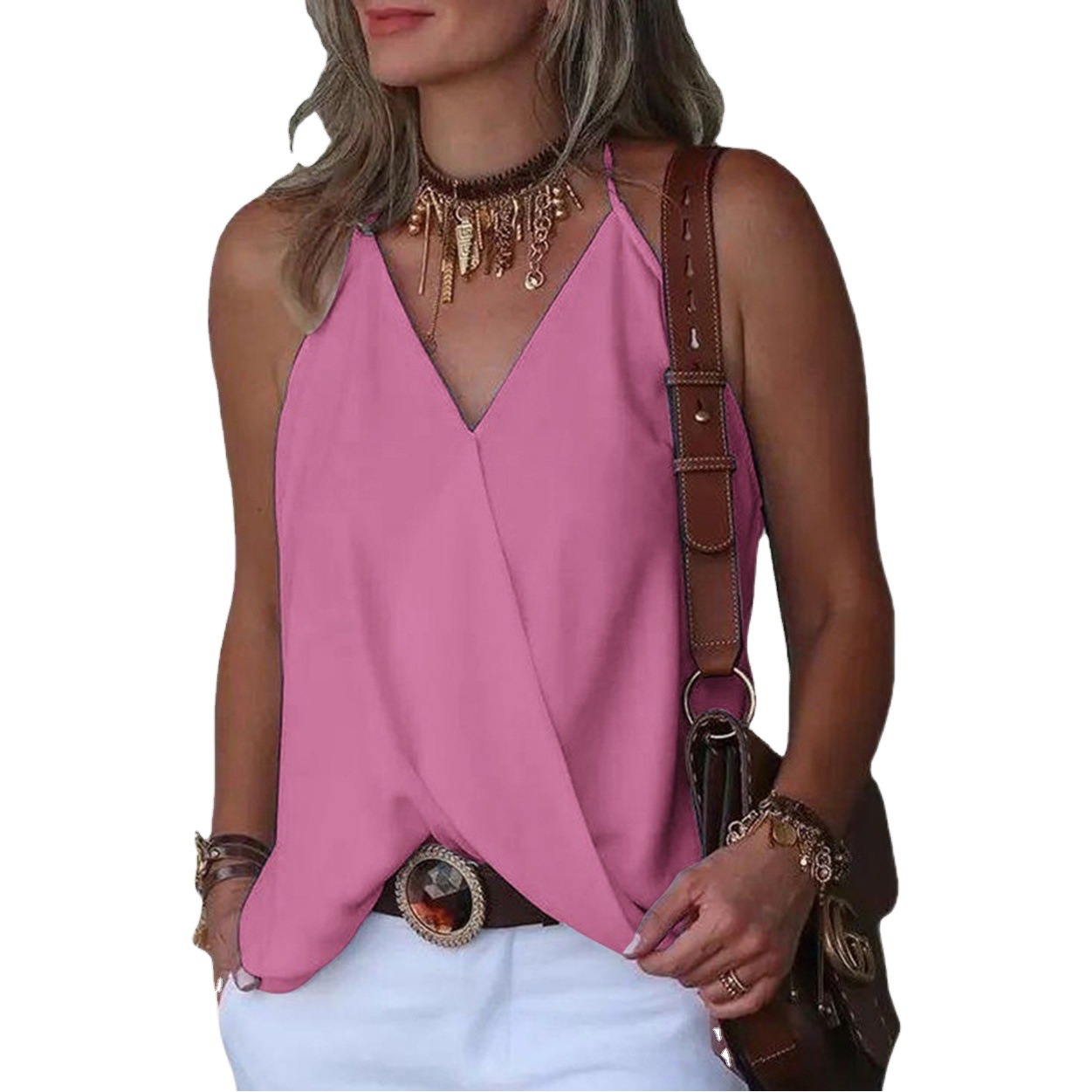 2025 Cross-Border Wish Summer European and American Amazon New Loose Casual V Neck Bottoming Women's Tops and Vests