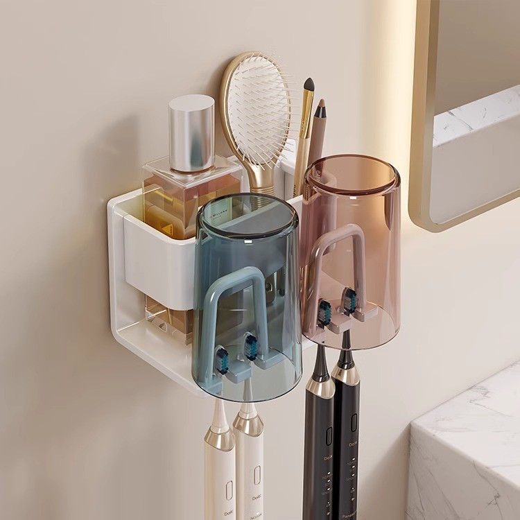 Picture of Toothbrush Storage Rack Non-Punch Brush Cup Mouthwash Cup Rack Wall-Mounted Bathroom Household Toothware Hanger