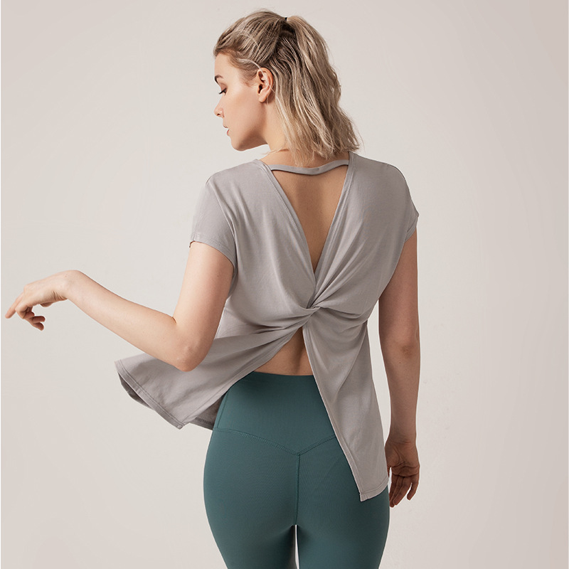 Ningbo Anjiu Sports Top Loose Fitness Modal Blouse Beautiful Back Sexy Fitness Yoga Short-sleeved T-shirt for Women