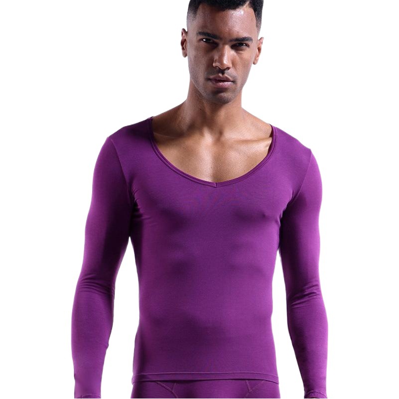 Single Layer Autumn and Winter Thin Base Shirt Men's Thermal Underwear Large V Low Collar Long Sleeve Base Shirt Warm Tight Autumn Clothes