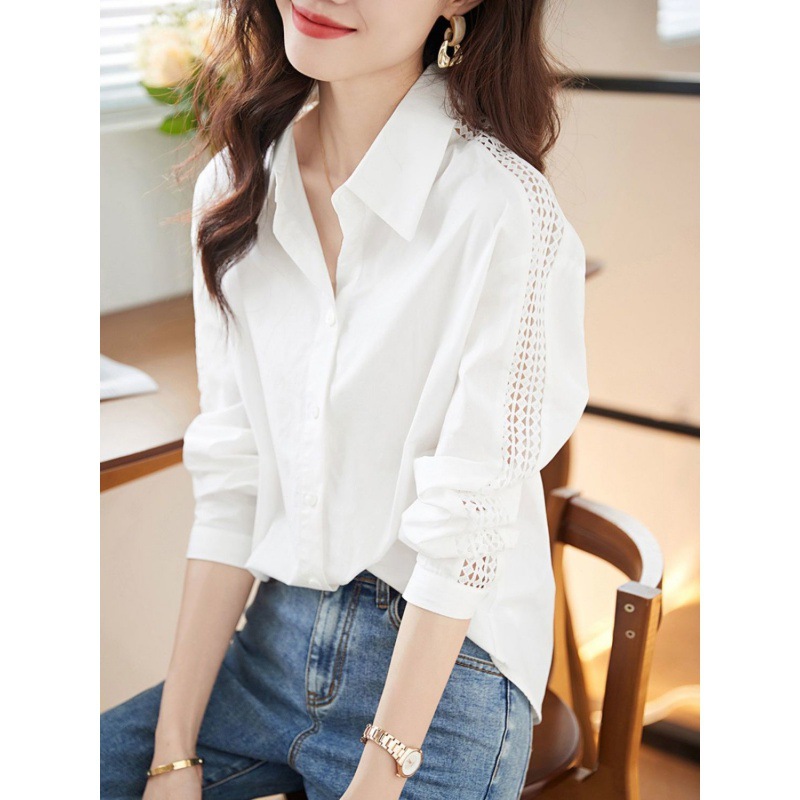 Picture of 2024 New Niche Chic Shirt Spring and Autumn Temperament Shirt Sleeves Hollow Texture Commuting Easiest for Match White Shirt for Women