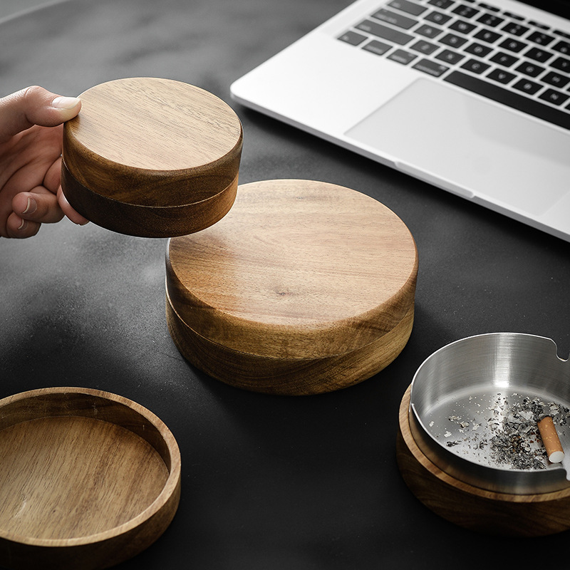 Japanese Style Acacia Wood Ashtray Home Hotel Living Room with Lid Anti-Fly Ash Office Ashtray Wooden Creative Fashion