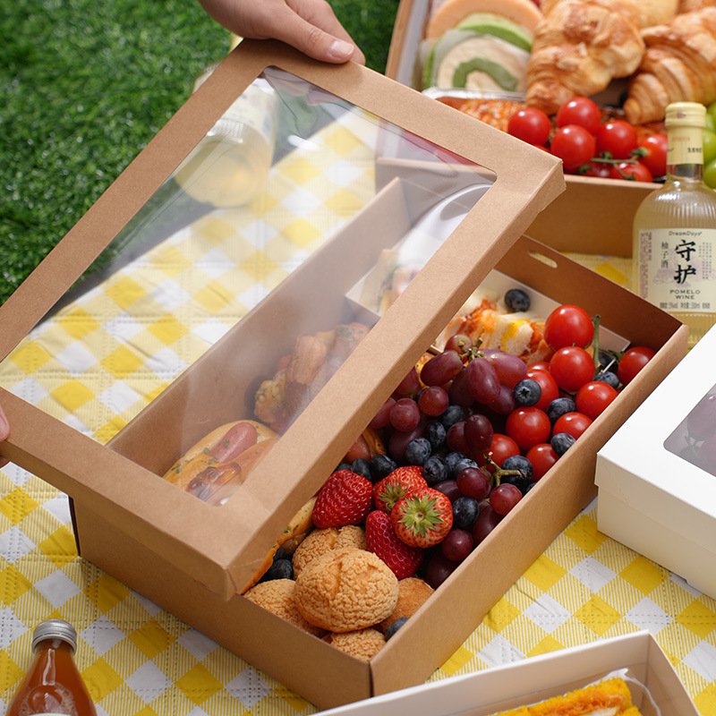 Picnic Box Disposable Meal Box Dessert Fruit Kraft Paper Barbecue Lunch Sushi Dessert Packing Box