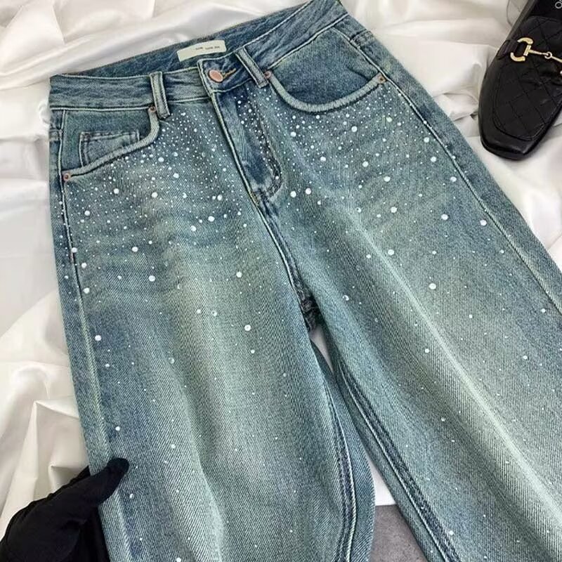 Ginky Star Broken Diamond Straight Jeans Women's Spring and Summer New European High Waist Loose Slimming Niche Trousers