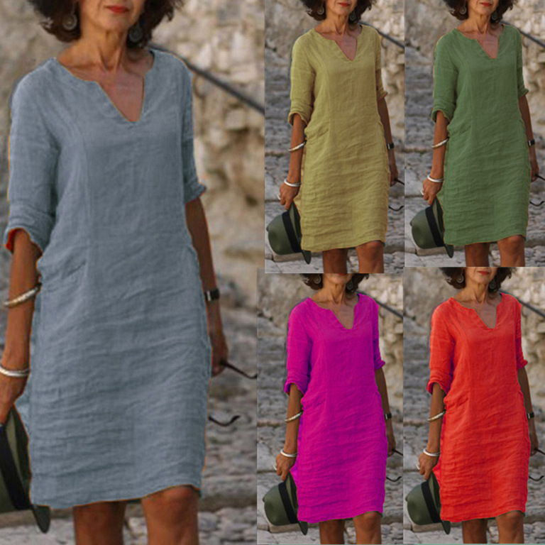 Picture of Amazon European and American autumn cotton and linen small V-neck stitching retro solid color 3/4 sleeve dress women's linen cotton fabric