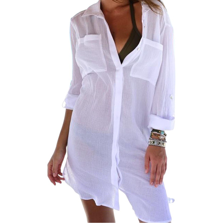 2021 Summer eBay Amazon European and American New Women's Long Sleeve Lapel Pleated Beach Sunscreen Shirt Blouse