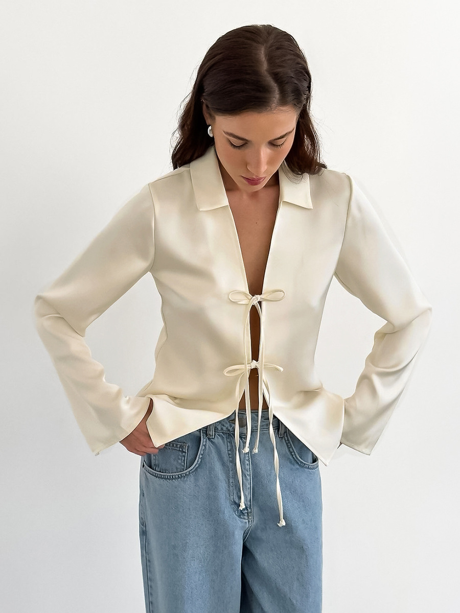 Amazon Acetic Satin Lace-up Shirt 2024 Autumn European and American Fashion Loose apricot Shirt Top Women's Clothing