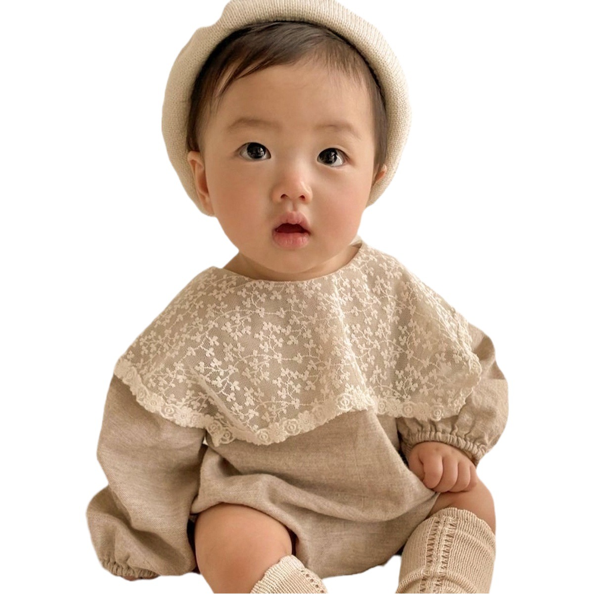 Picture of Baby Autumn Clothing, Baby Girl, Baby Elegant, Lace Large Lapel Cotton Jumpsuit, Girl's Long-Sleeved Romper