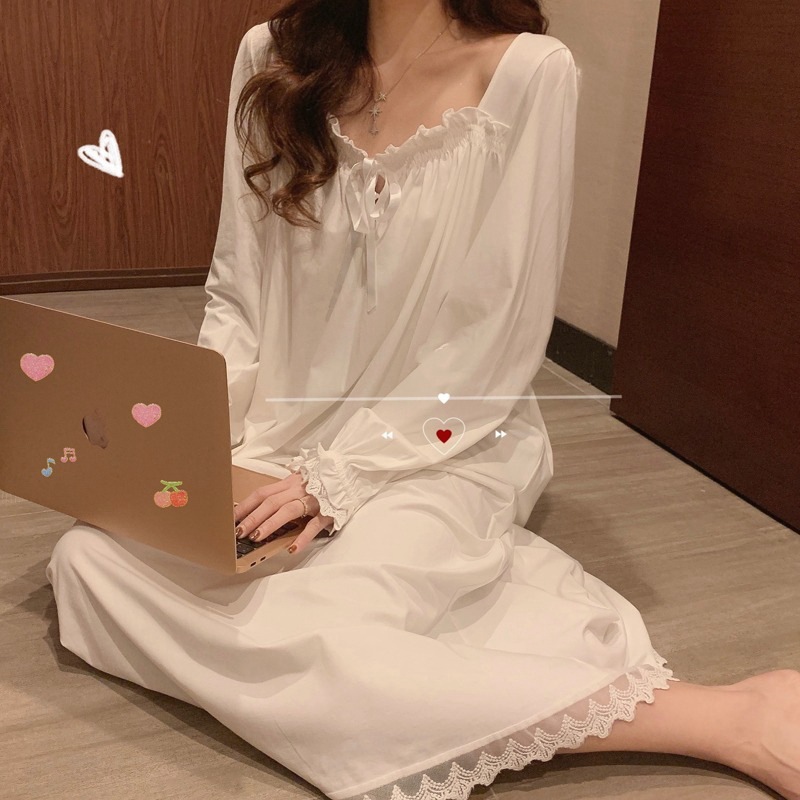 Picture of ins Cyber Celebrity Lace Long-sleeved Simple Black Spring and Autumn Long-sleeved Trousers Cardigan Pajamas Women's Sweet Loose Home Clothes