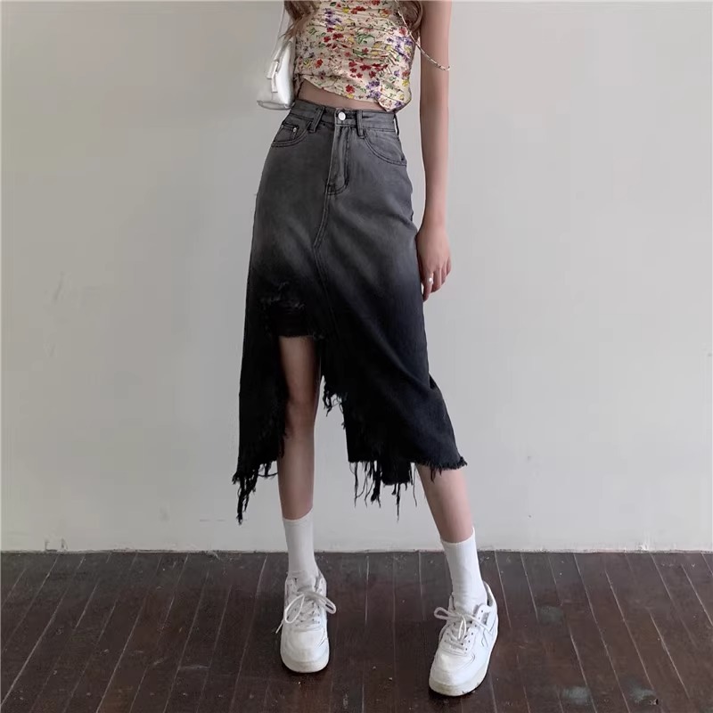 Ripped Split Irregular Gradient Denim Skirt Women's Summer New High Waist Slimming A- line Hip Midi Skirt