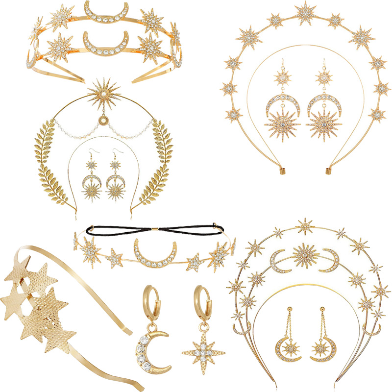 Cross-Border European and American Personalized Baroque Style Sun and Moon Earrings Double-Layered Six-Pointed Star Headband Combination with Diamonds and Shiny
