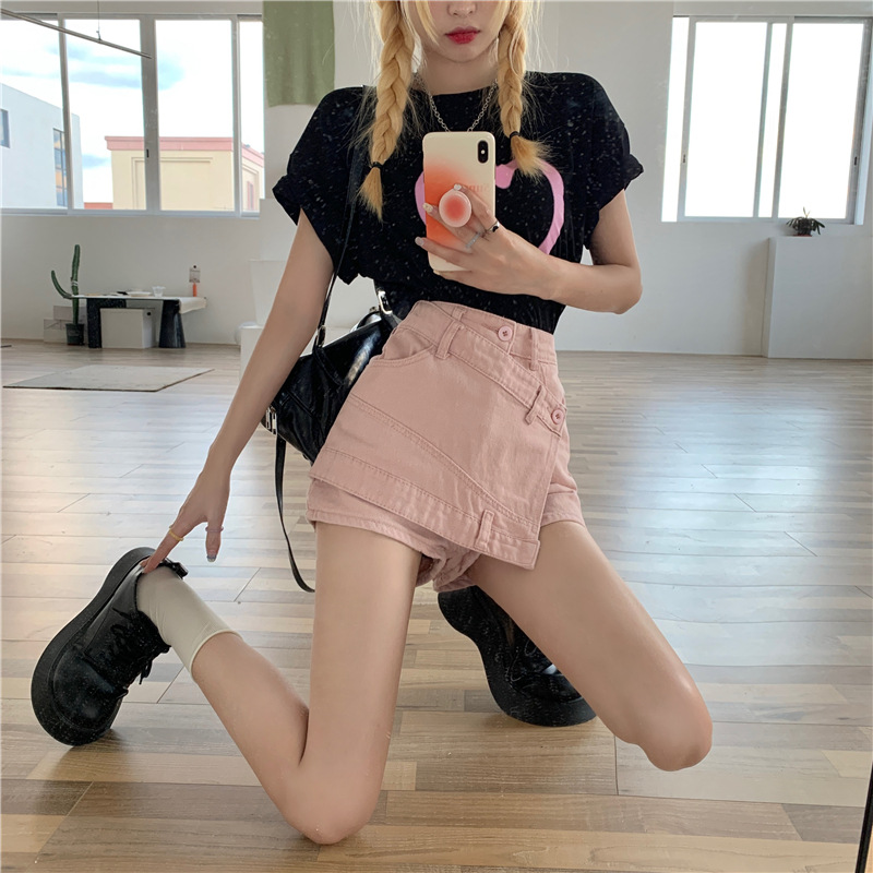 Hot Girl Pink Denim Short Skirt for Women Summer 2024 New High-Waisted Slimming Look Anti-Exposure Design Skirt Culottes
