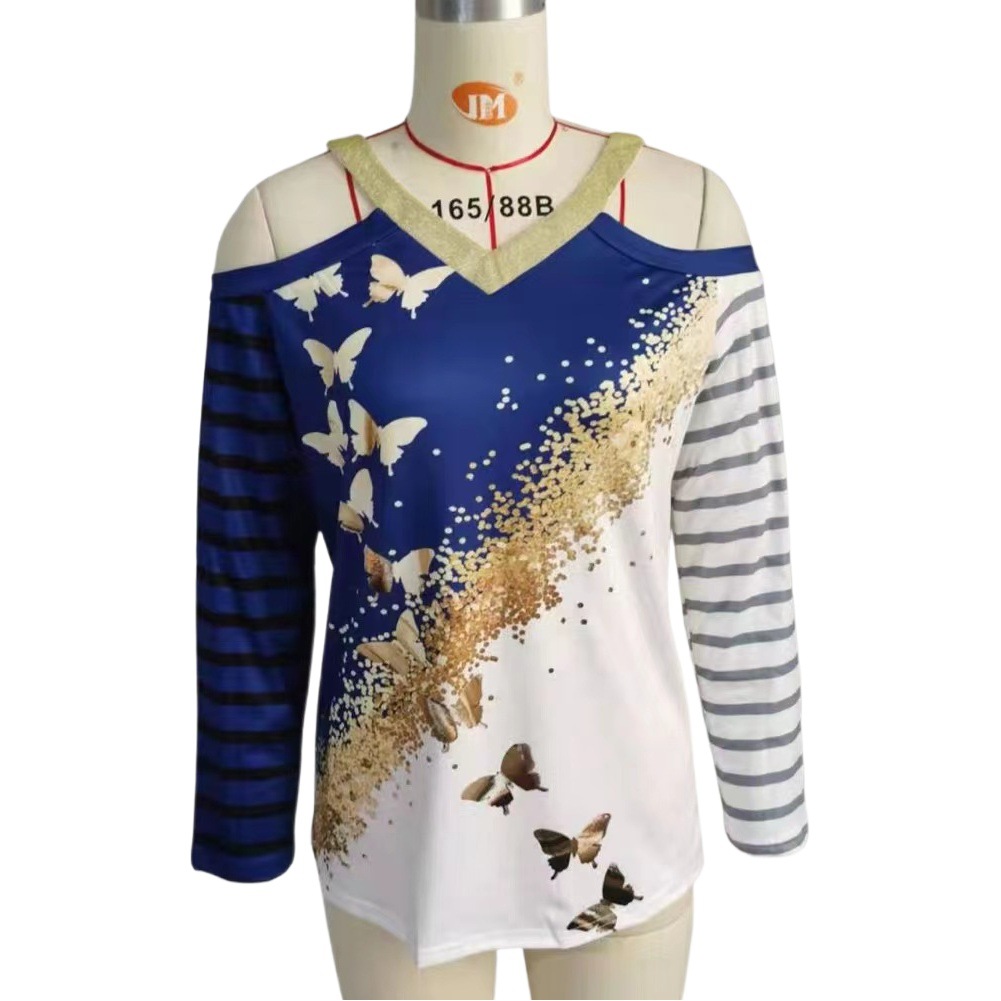 Amazon Temu New Autumn Casual Fashion Printed Long-Sleeve Off-Shoulder V-Neck Top Clearance Sale!